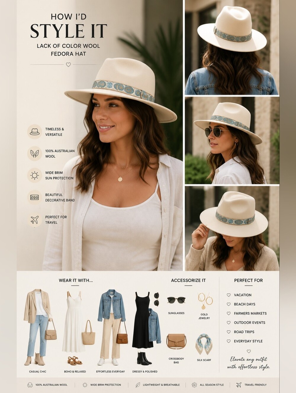 Lack of Color 100%Australian WoolCream Wide-Brim Fedora Hat with Decorative Band
